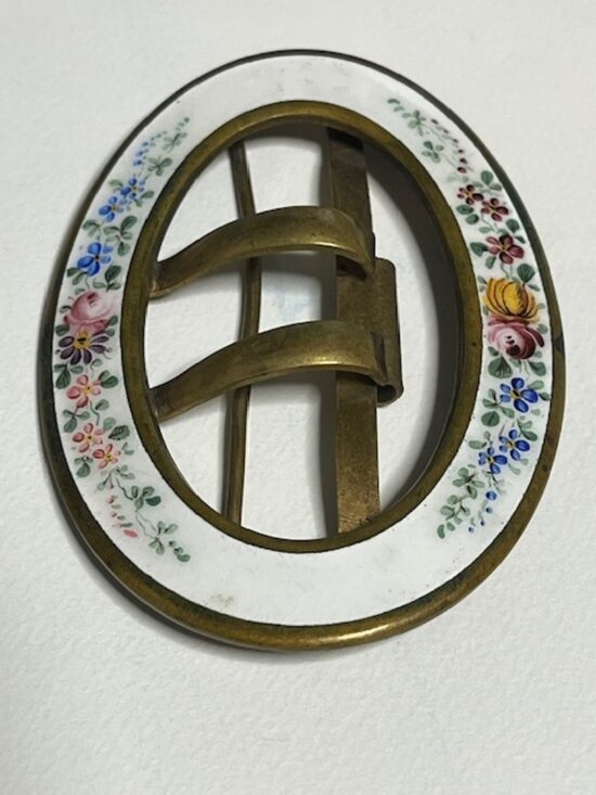 VTG Oval Enamel Floral & Brass Belt Scarf Belt Buckle Hand-Painted 3.5\